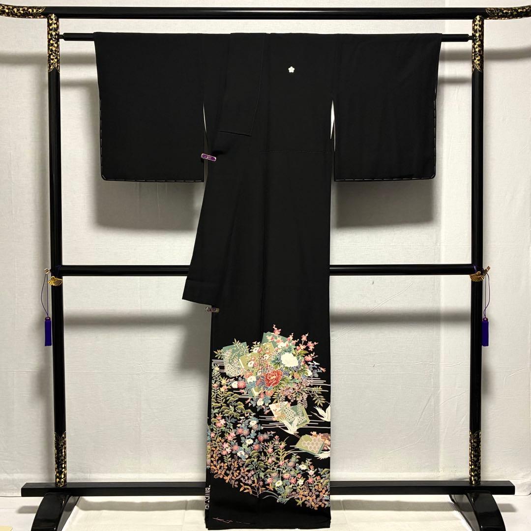 D5 黒留袖 友禅 鶴 流水 花模様 正絹 着物 袷 しつけ糸未使用極美品