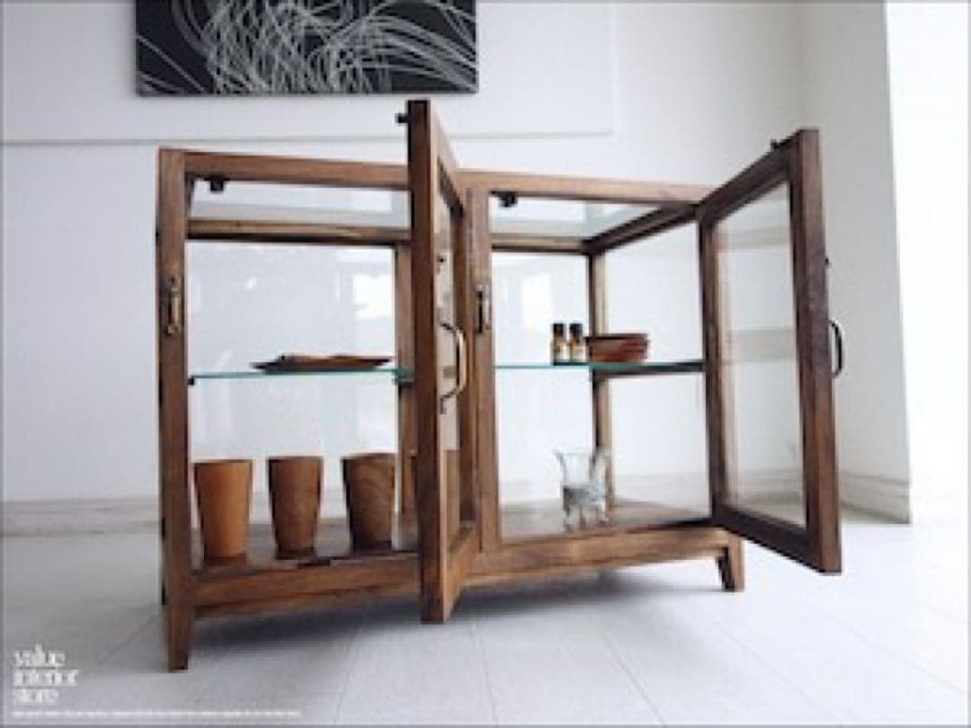 【10000000】チーク総無垢 ガラスパンケース’80W キャビネット