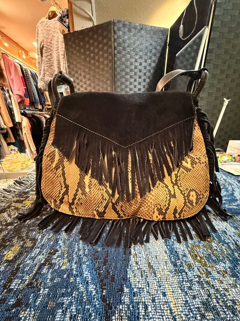 PRADA 90s ヴィンテージ レザー×パイソン フリンジ ショルダーバッグ