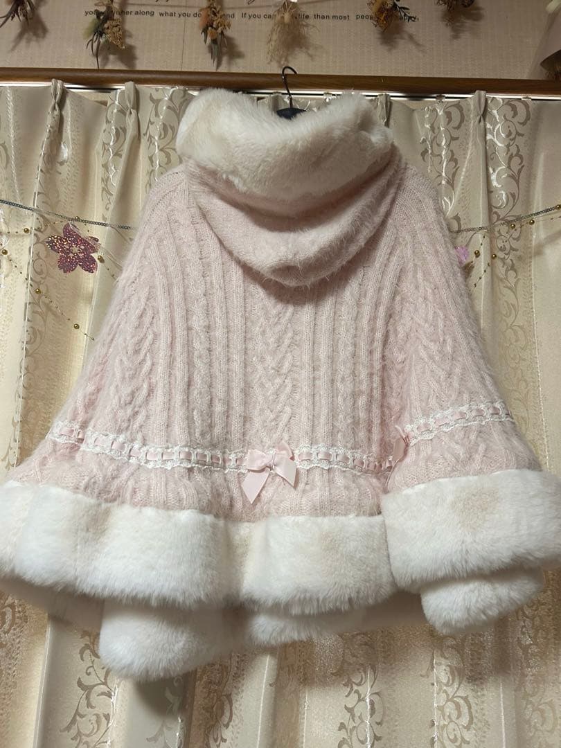 LIZLISA ダブルリボンニットファーポンチョ ピンク リズリサ