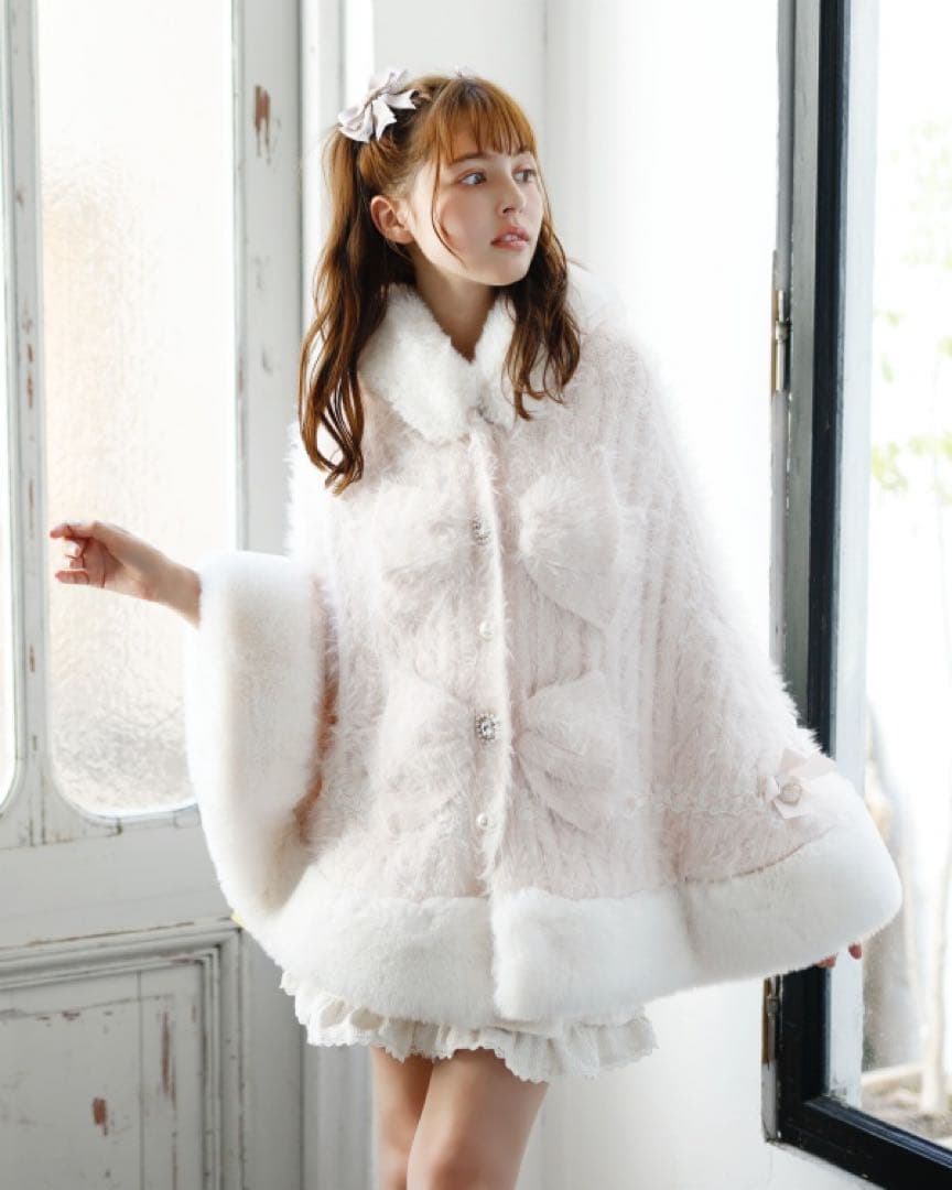 LIZLISA ダブルリボンニットファーポンチョ ピンク リズリサ