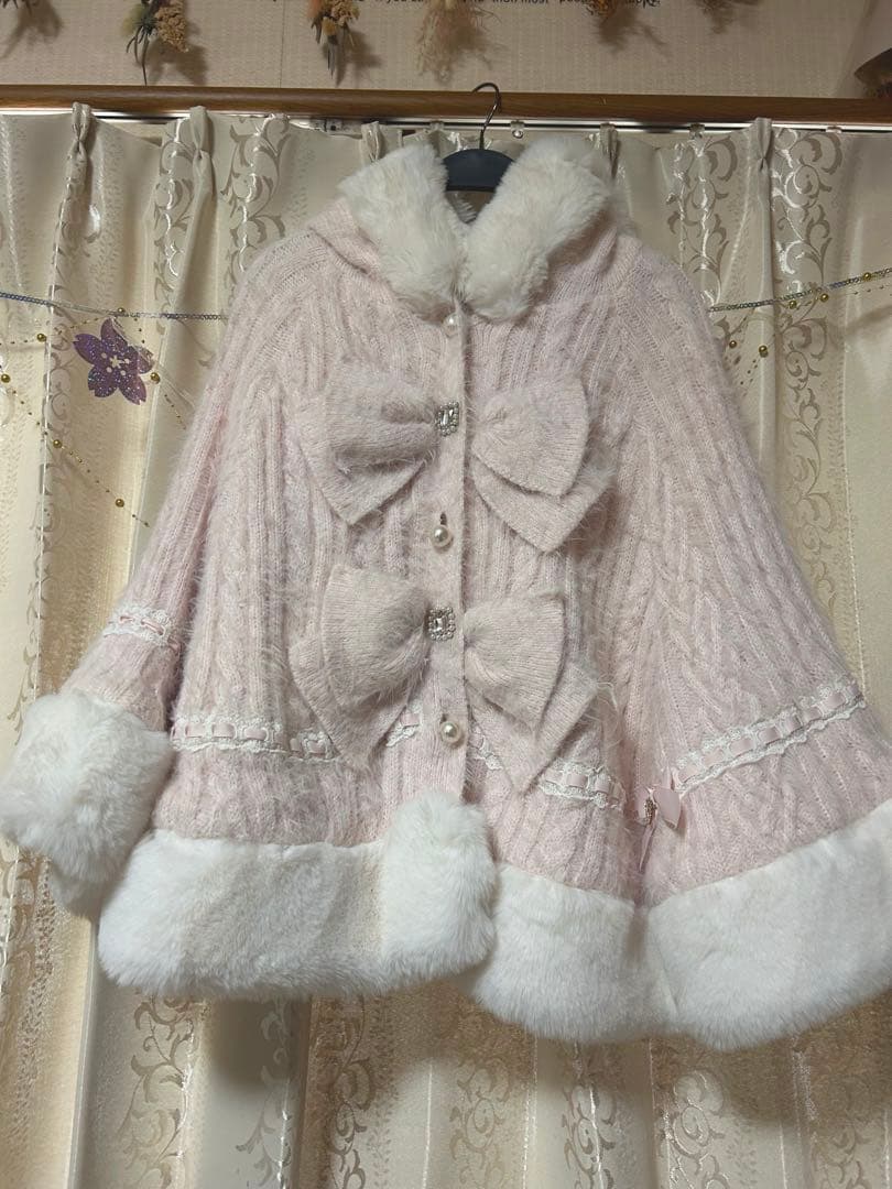 LIZLISA ダブルリボンニットファーポンチョ ピンク リズリサ