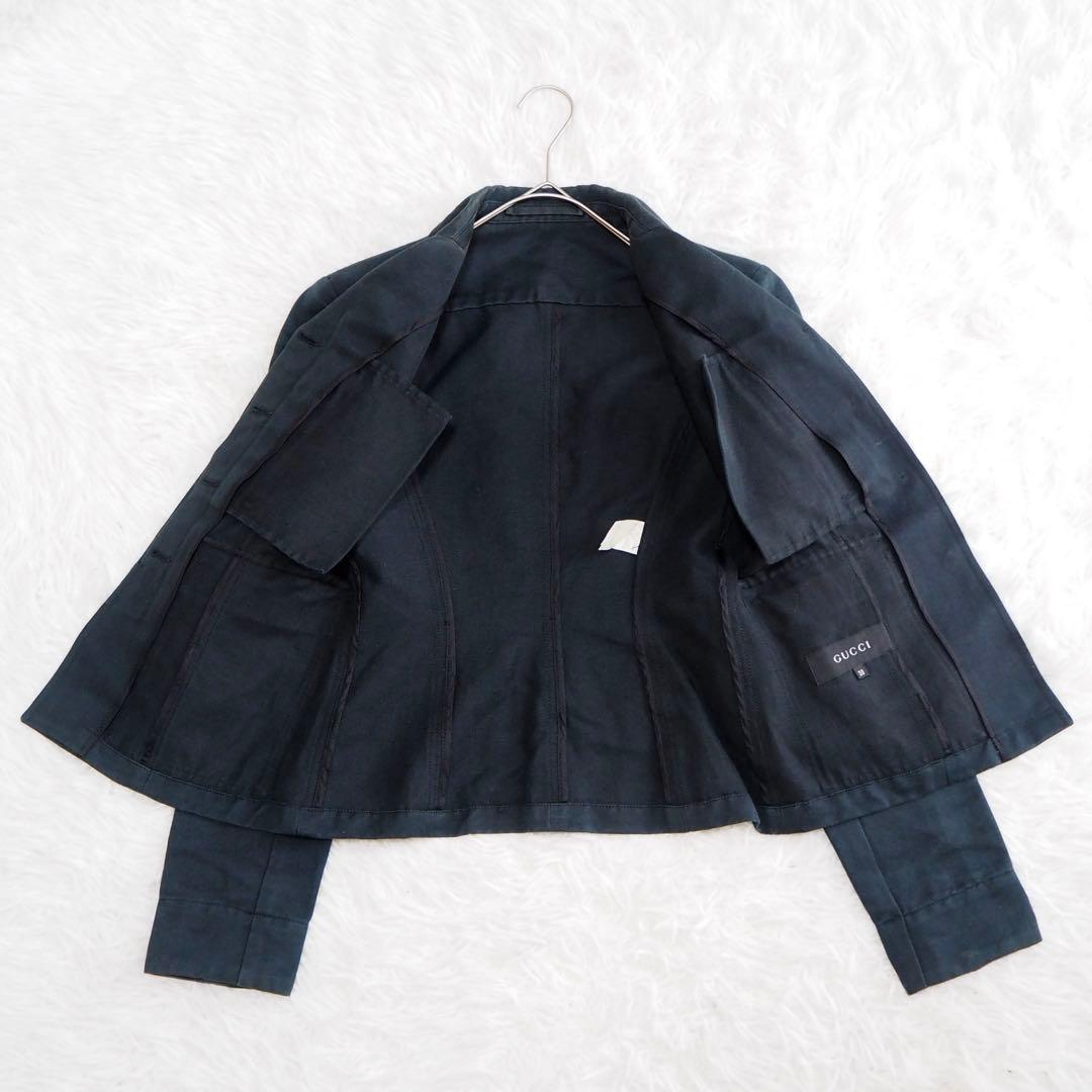 GUCCI グッチ テーラードジャケット ロゴボタン リネン 深緑 38