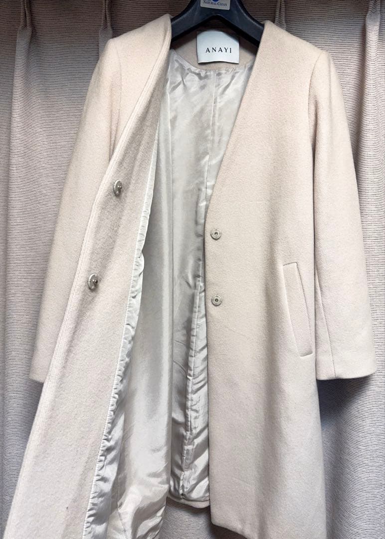 美品 ANAYI アナイ ウール メルトン ノーカラー コート 36