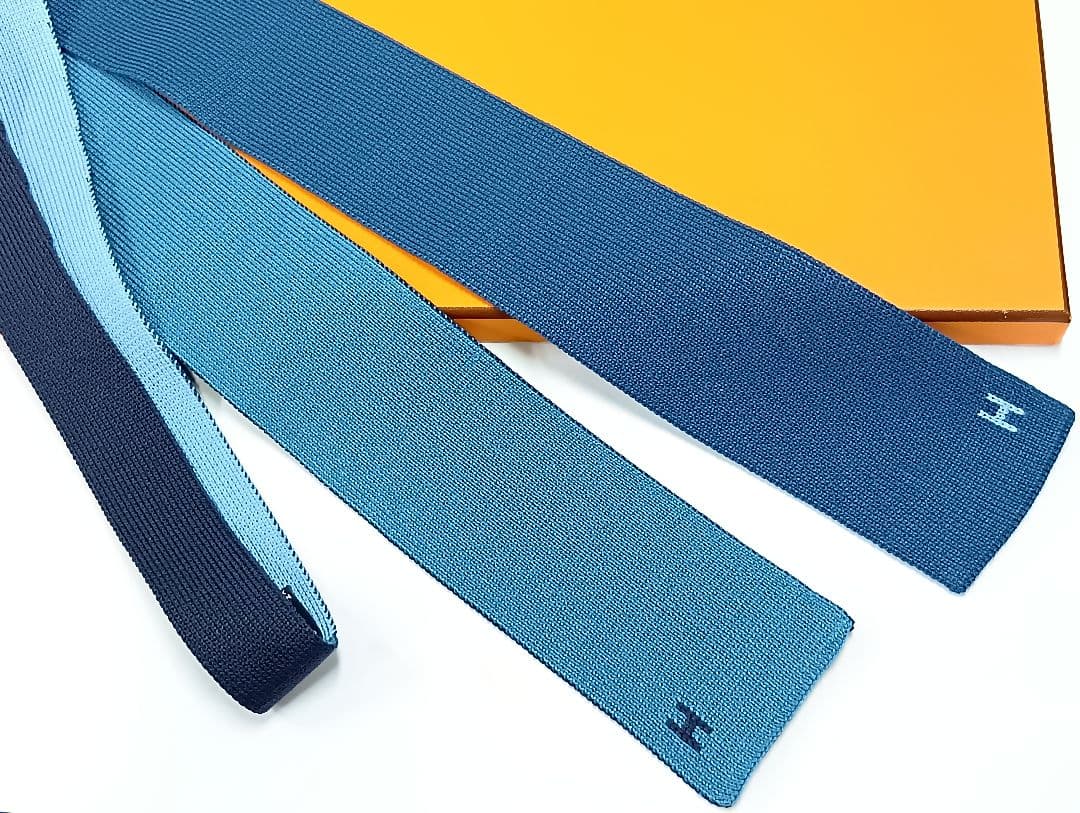 474 HERMES エルメス 青系 ニット リバーシブル ネクタイ