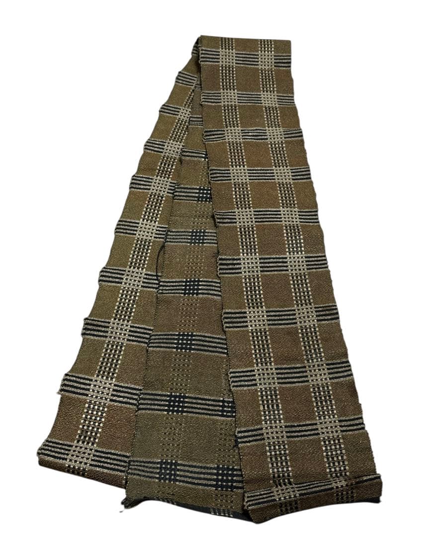 ユ190半幅帯 裂織 格子柄 正绢 着物帯　仕立て上り