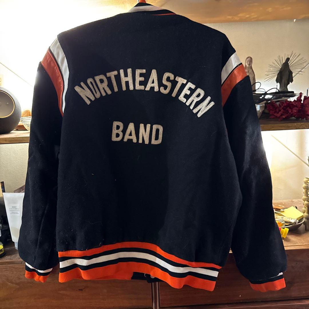 ヴィンテージスクールジャケット　ウール　レザー切替 チェーンステッチ刺繍 XL