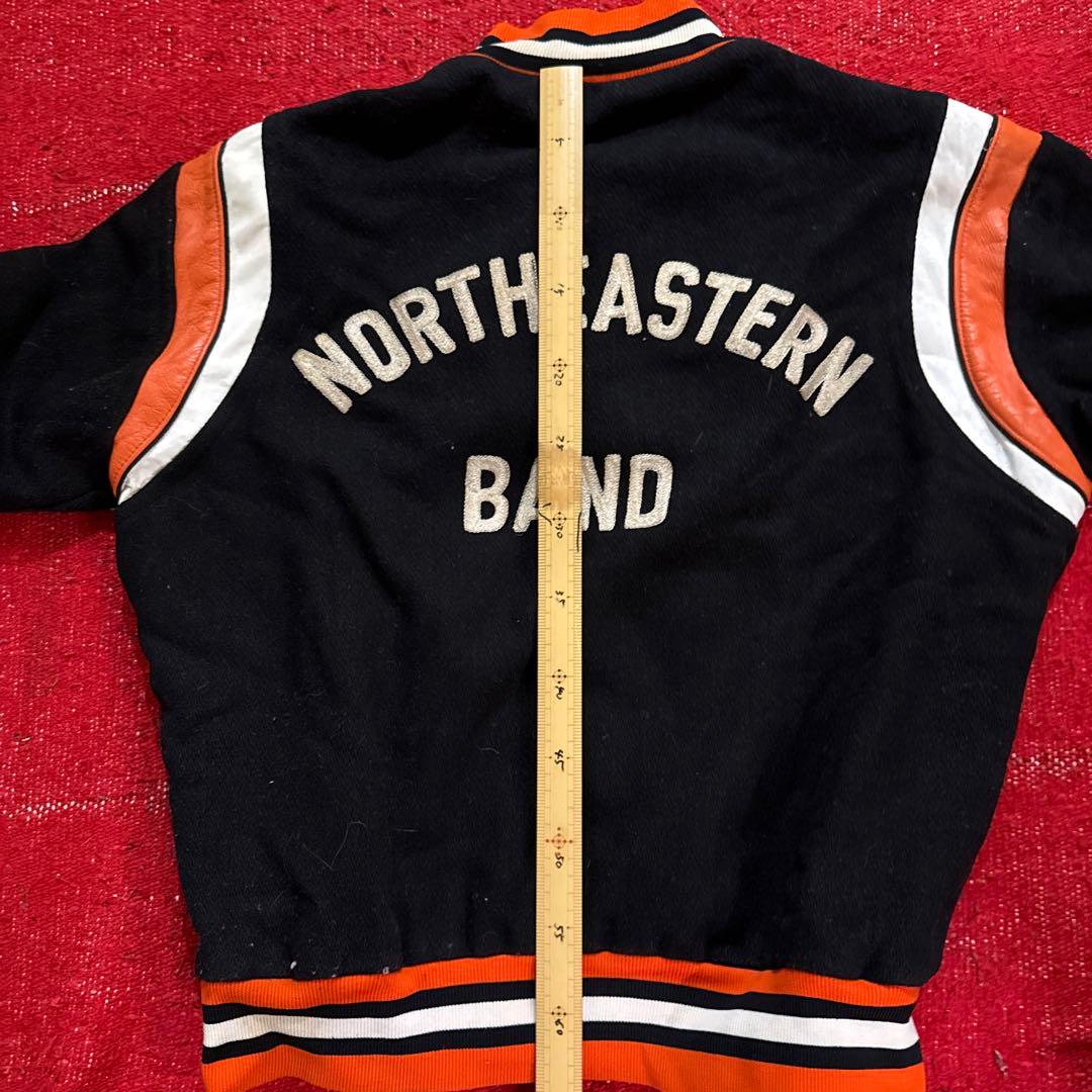 ヴィンテージスクールジャケット　ウール　レザー切替 チェーンステッチ刺繍 XL