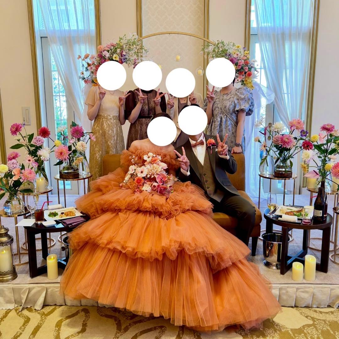 オレンジ ワンショルダー フリルドレス