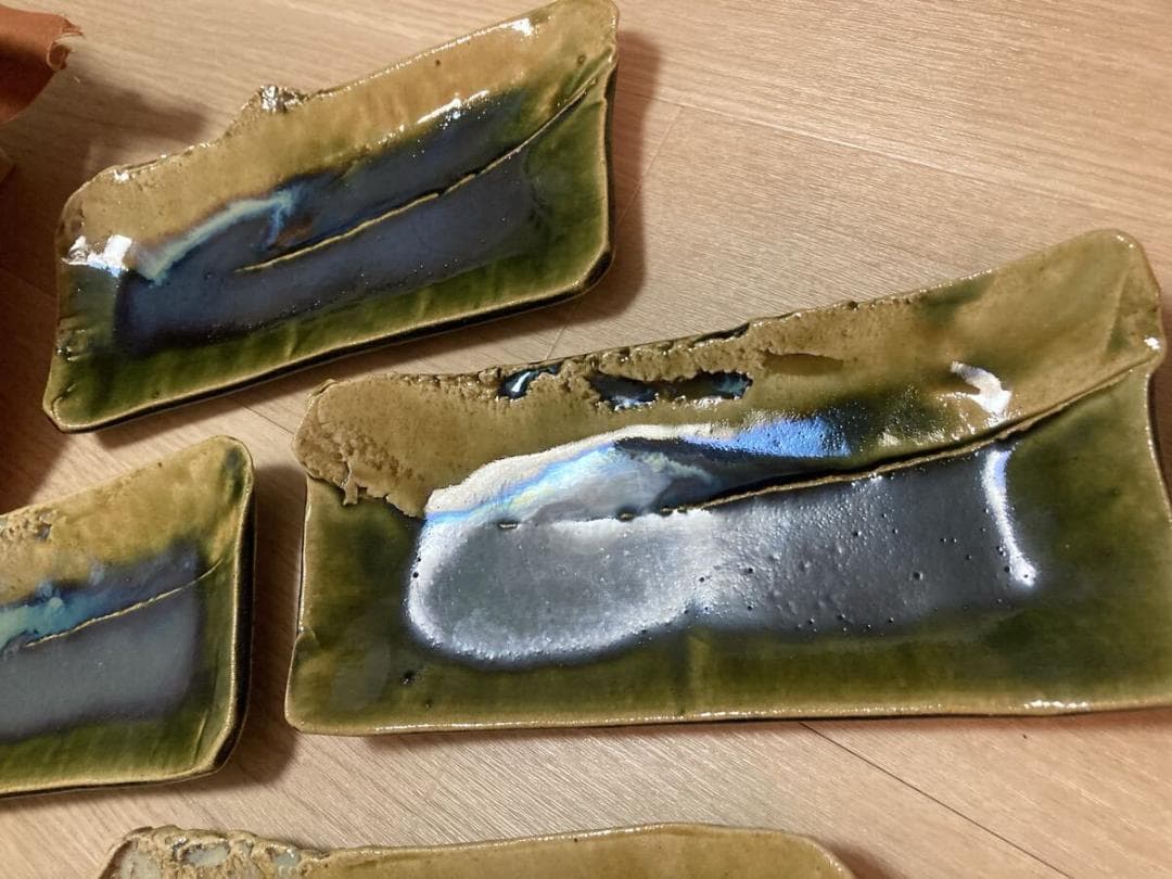 白山窯 山田正和造 織部 緑釉長皿 6客