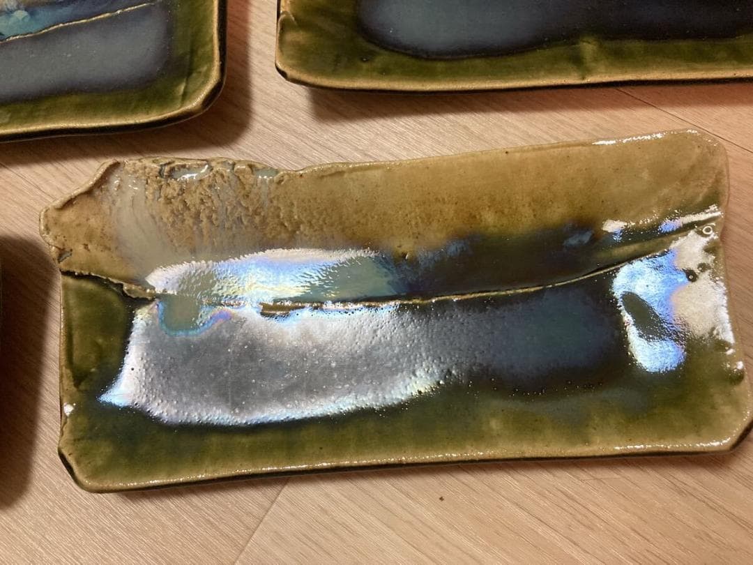 白山窯 山田正和造 織部 緑釉長皿 6客