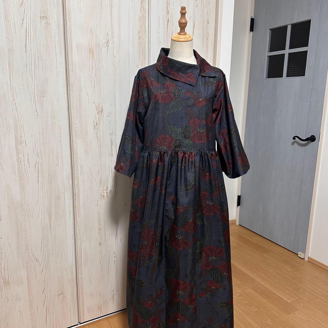 着物リメイク 大島紬(7マルキ)からロールカラーワンピース(L)