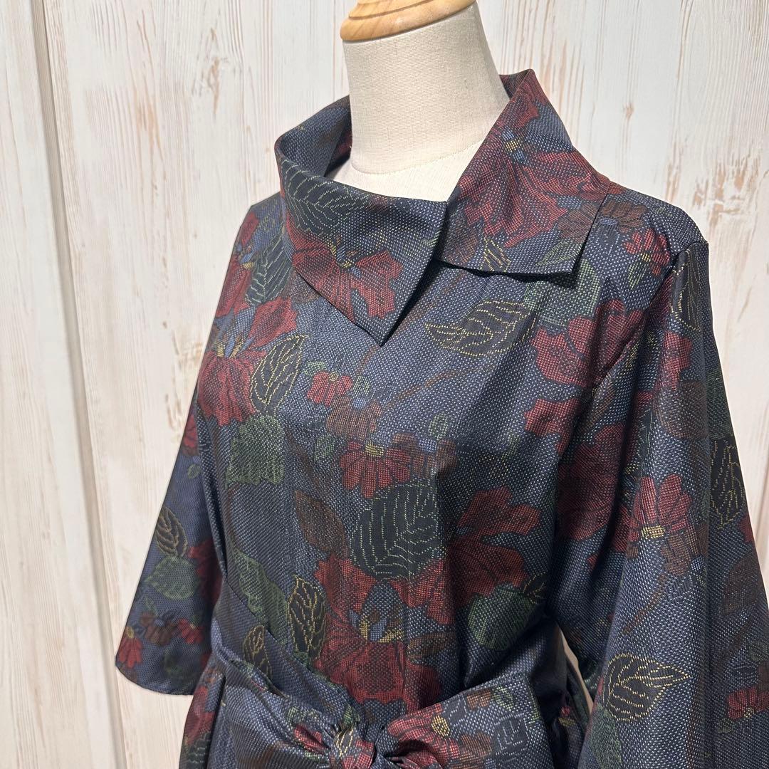 着物リメイク 大島紬(7マルキ)からロールカラーワンピース(L)