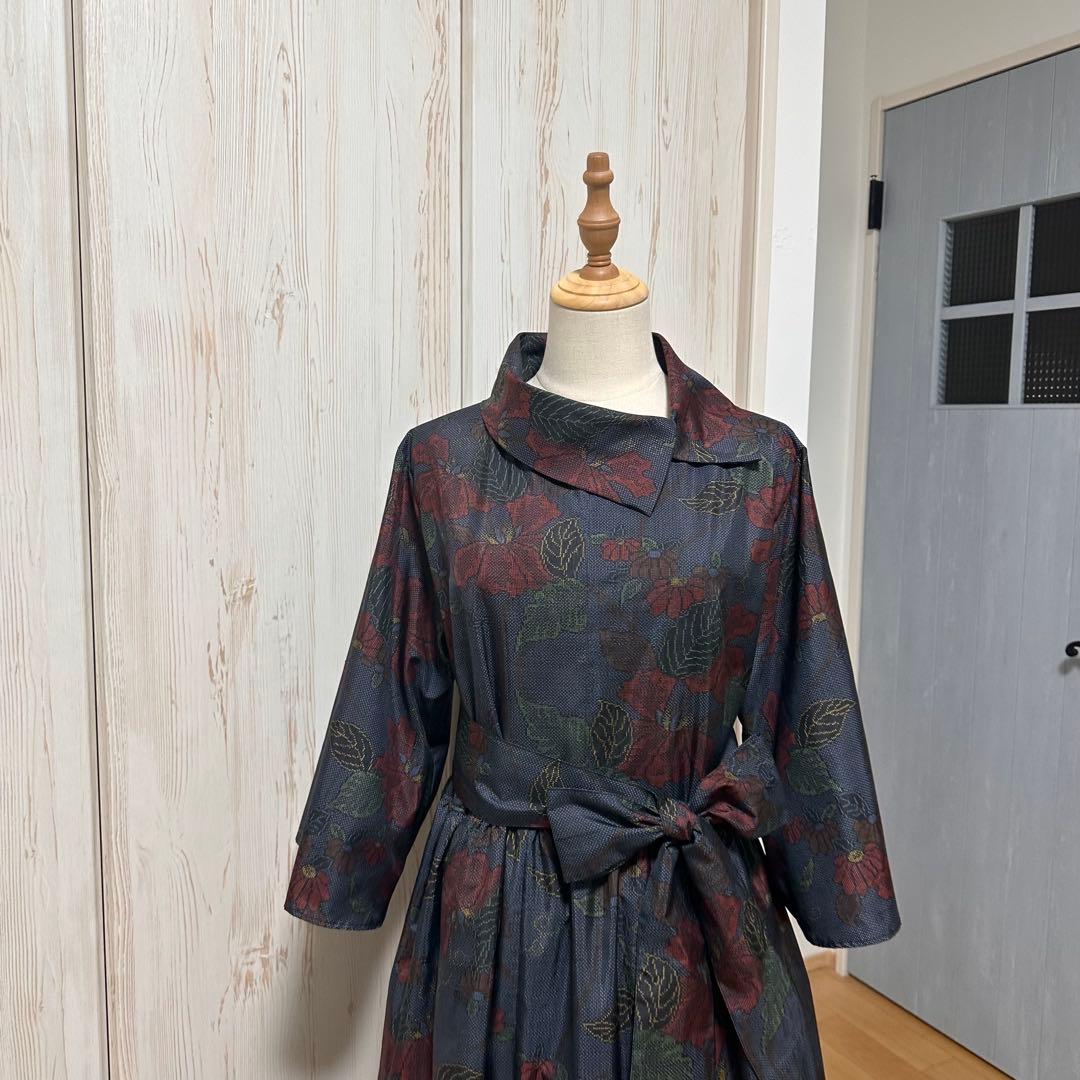 着物リメイク 大島紬(7マルキ)からロールカラーワンピース(L)