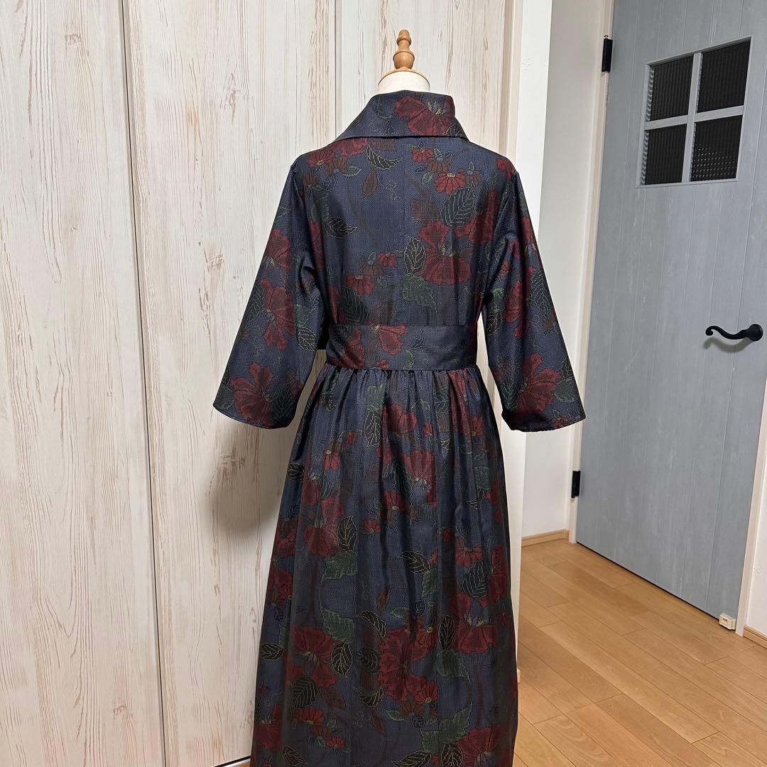 着物リメイク 大島紬(7マルキ)からロールカラーワンピース(L)