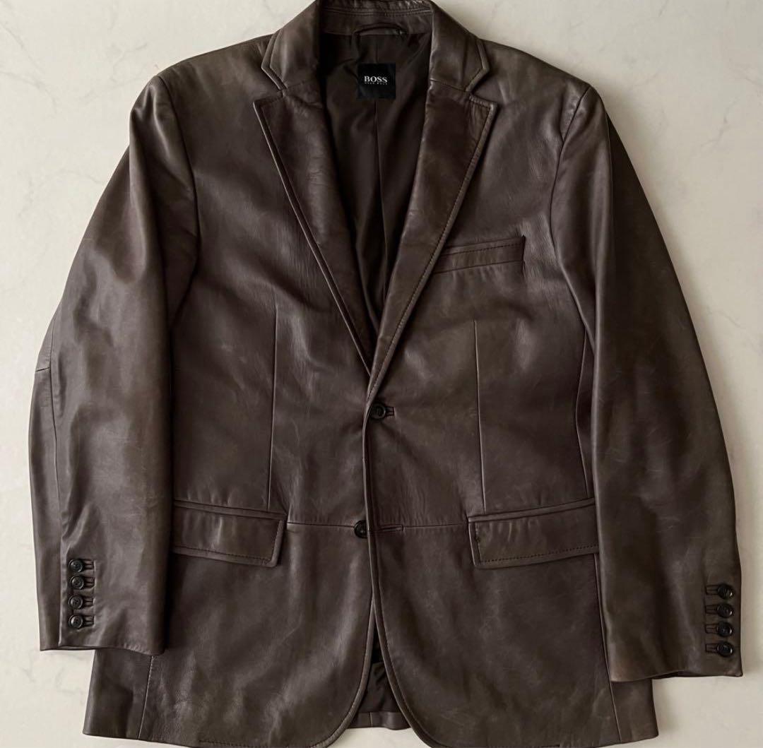 HUGO BOSS ダークブラウン レザー テーラードジャケット