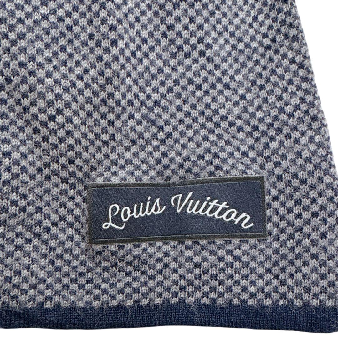 ルイヴィトン エシャルプ マフラー マイクロダミエ ウール 紺 ネイビー