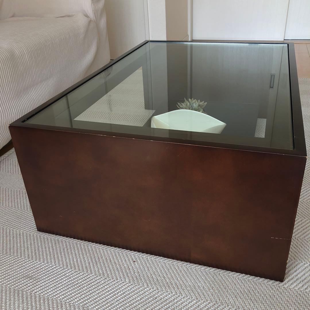 モダン ガラス天板 ローテーブル　ダークブラウン