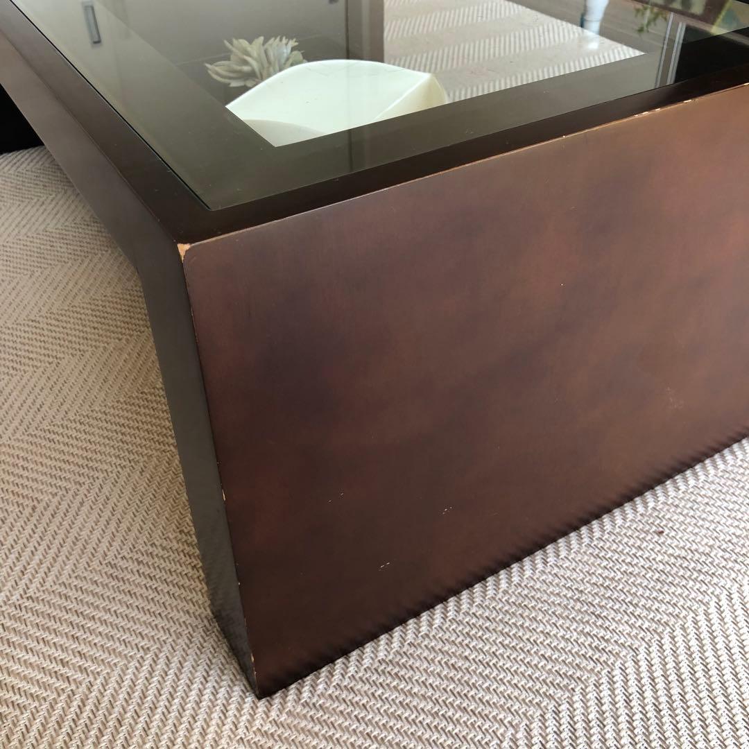 モダン ガラス天板 ローテーブル　ダークブラウン