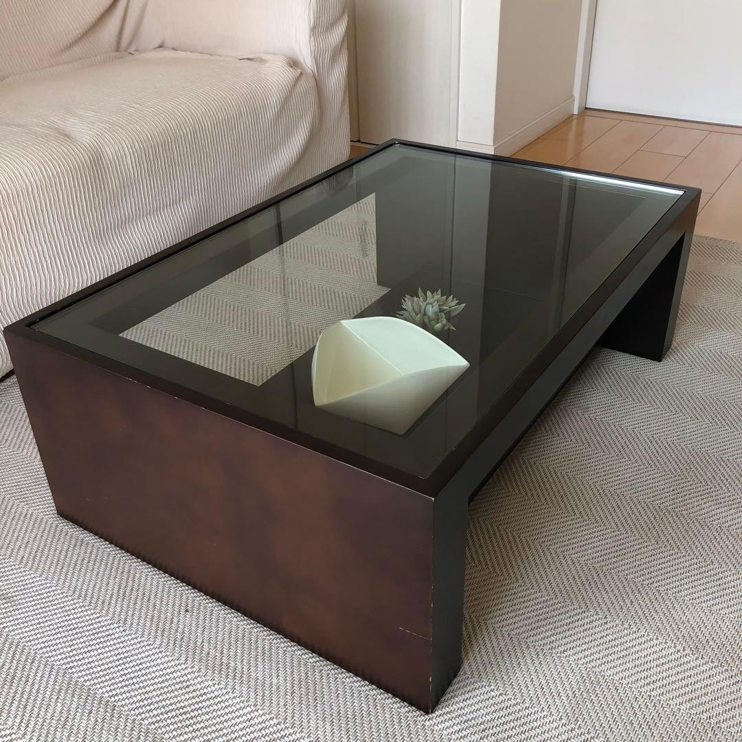 モダン ガラス天板 ローテーブル　ダークブラウン