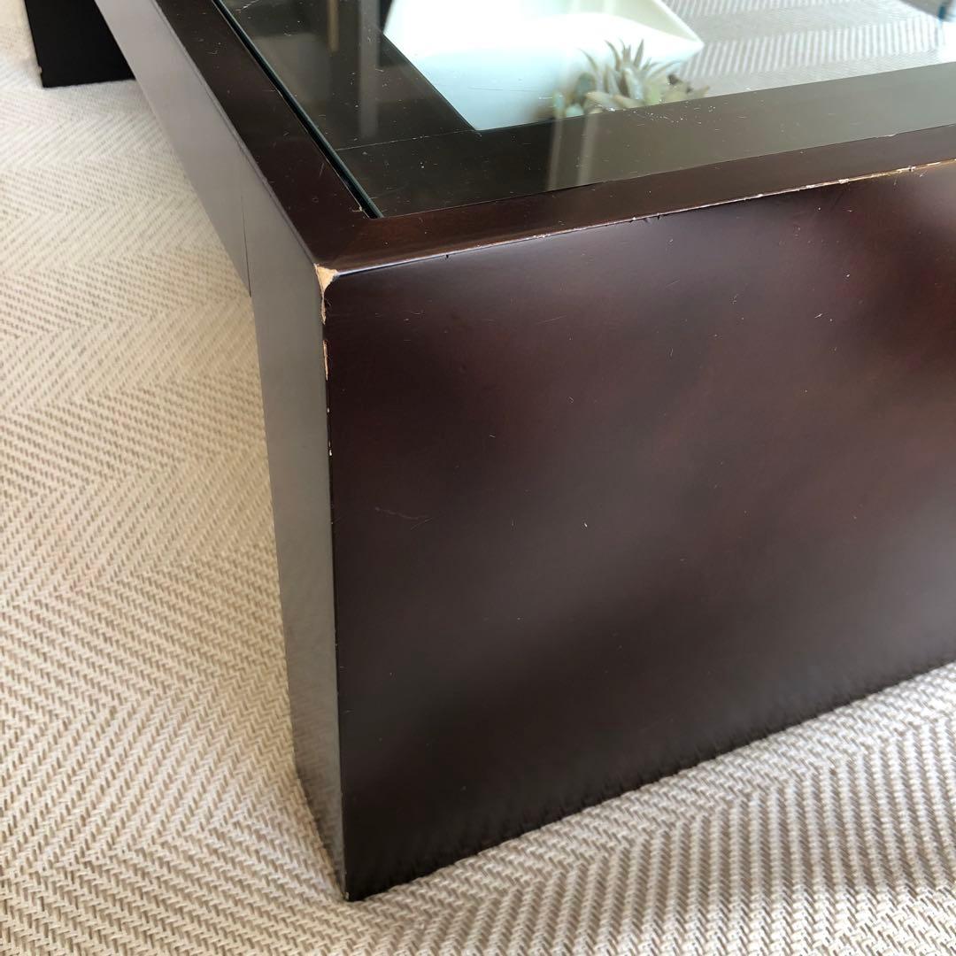 モダン ガラス天板 ローテーブル　ダークブラウン