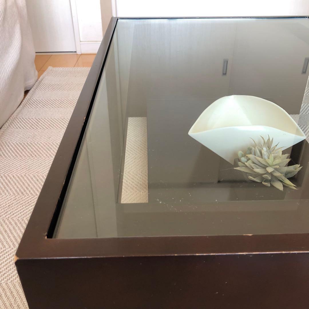 モダン ガラス天板 ローテーブル　ダークブラウン