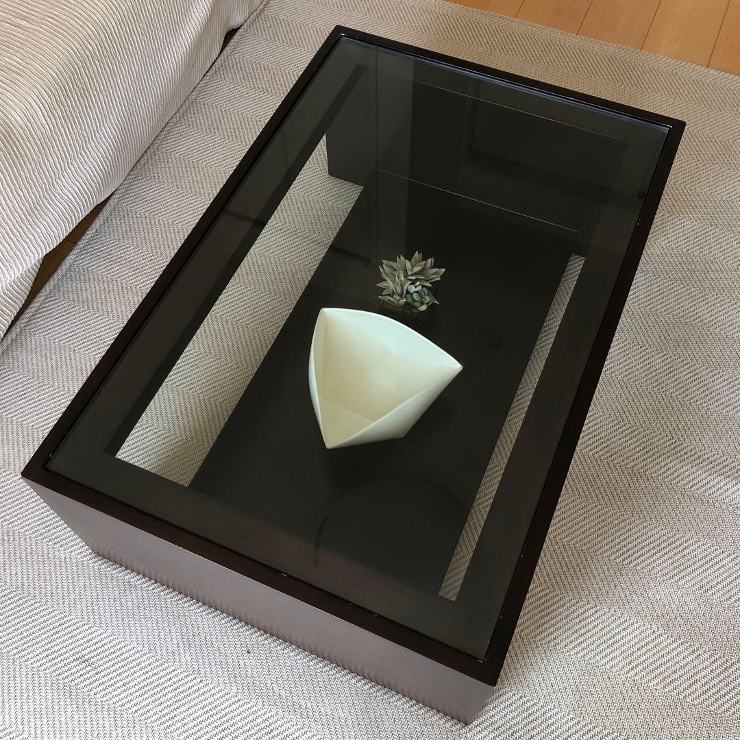 モダン ガラス天板 ローテーブル　ダークブラウン