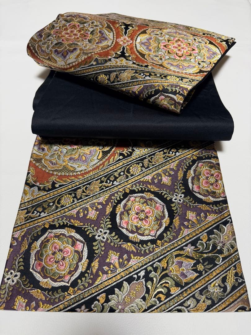 高級 袋帯 正絹 六通柄 ブラック ゴールド 花文様 フォーマル 訪問着