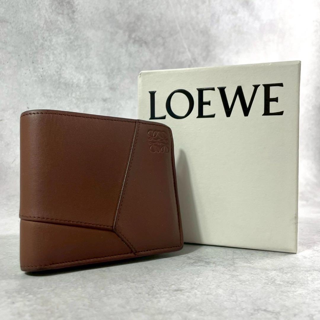 【美品 箱】ロエベ 折り財布 パズル アナグラム ロゴ レザー 本革 ブラウン