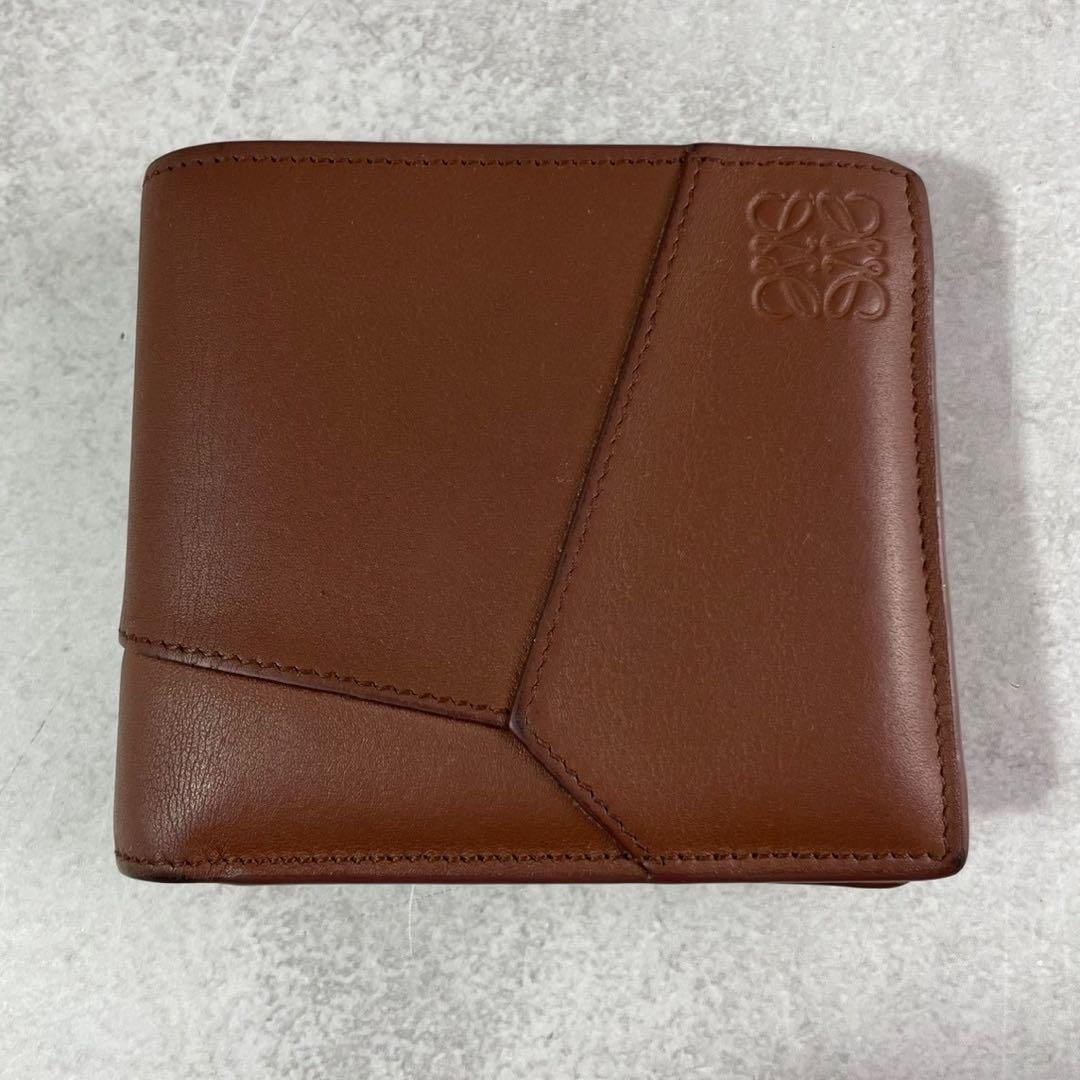 【美品 箱】ロエベ 折り財布 パズル アナグラム ロゴ レザー 本革 ブラウン