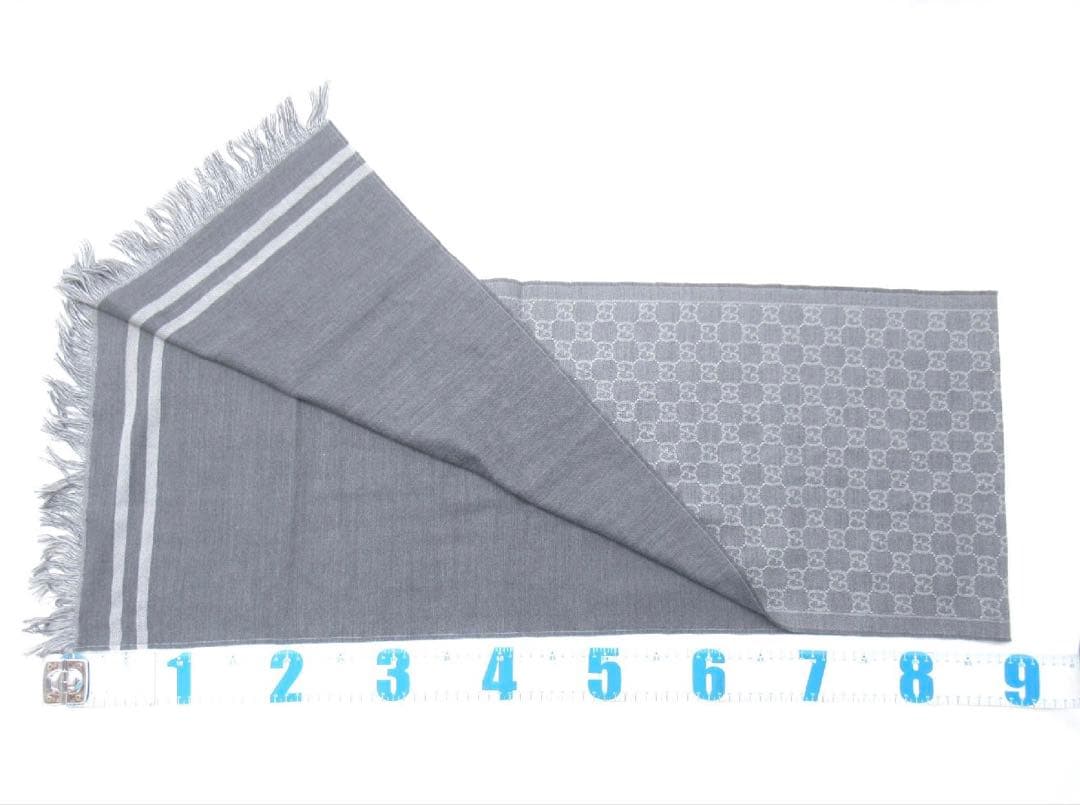 美品GUCCIグレー GGパターン マフラー フリンジ付き