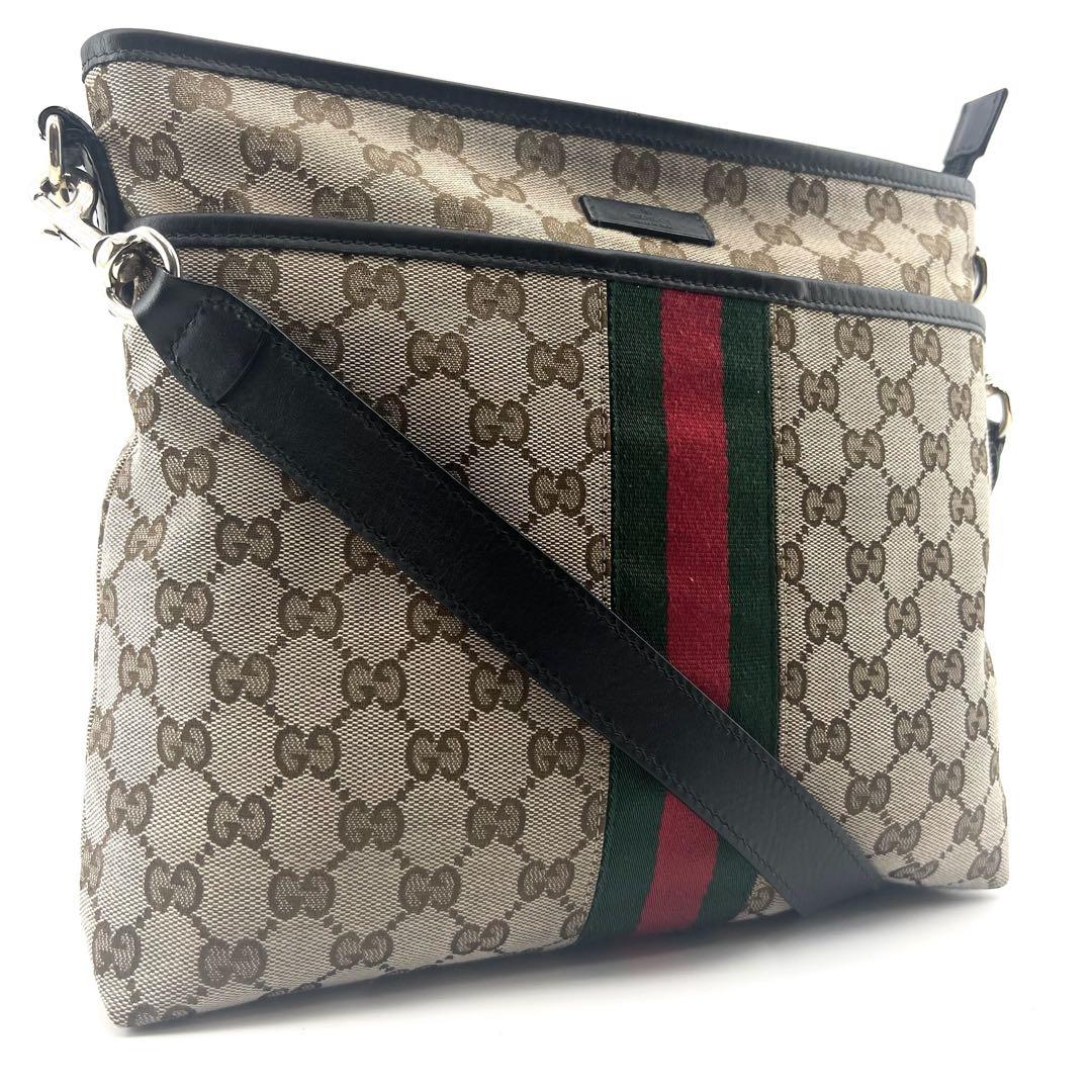 美品　GUCCI　ショルダーバック　サコッシュ　キャンバス　本革　シェリーライン