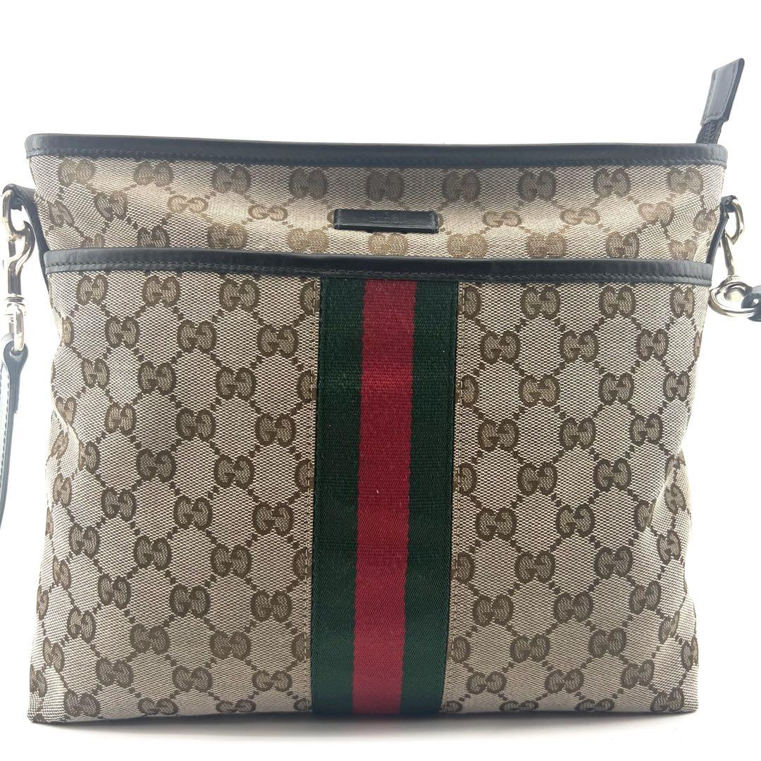 美品　GUCCI　ショルダーバック　サコッシュ　キャンバス　本革　シェリーライン
