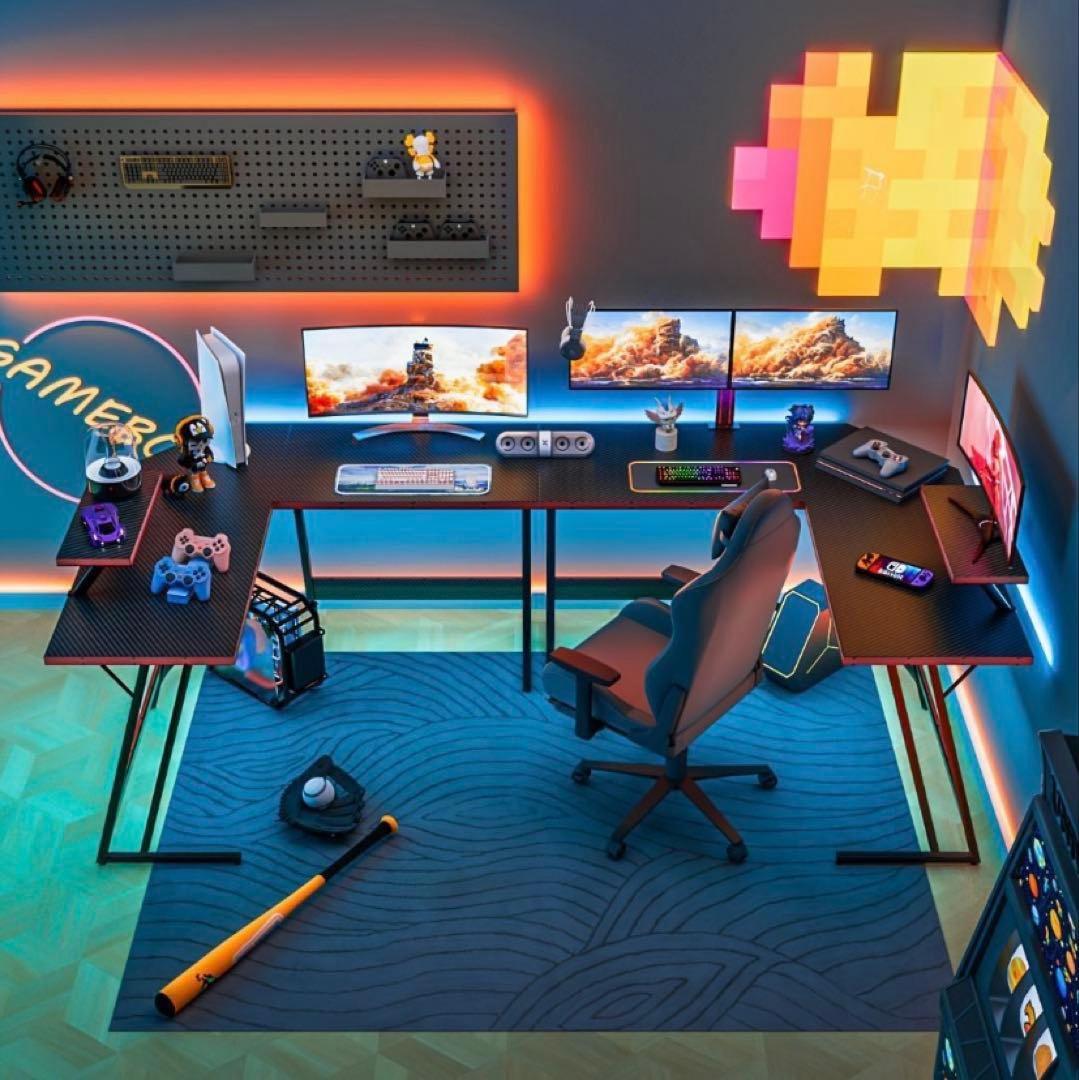 エル字型ゲーミングデスク ブラック モニタスタンド付き 省スペース