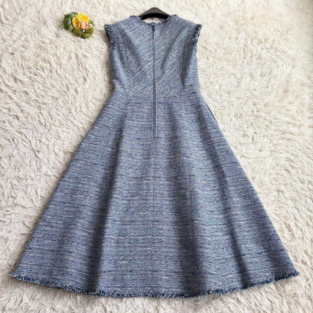 未使用級 22年♡ルネ ツイードワンピース TISSUE フリンジ 青系 36