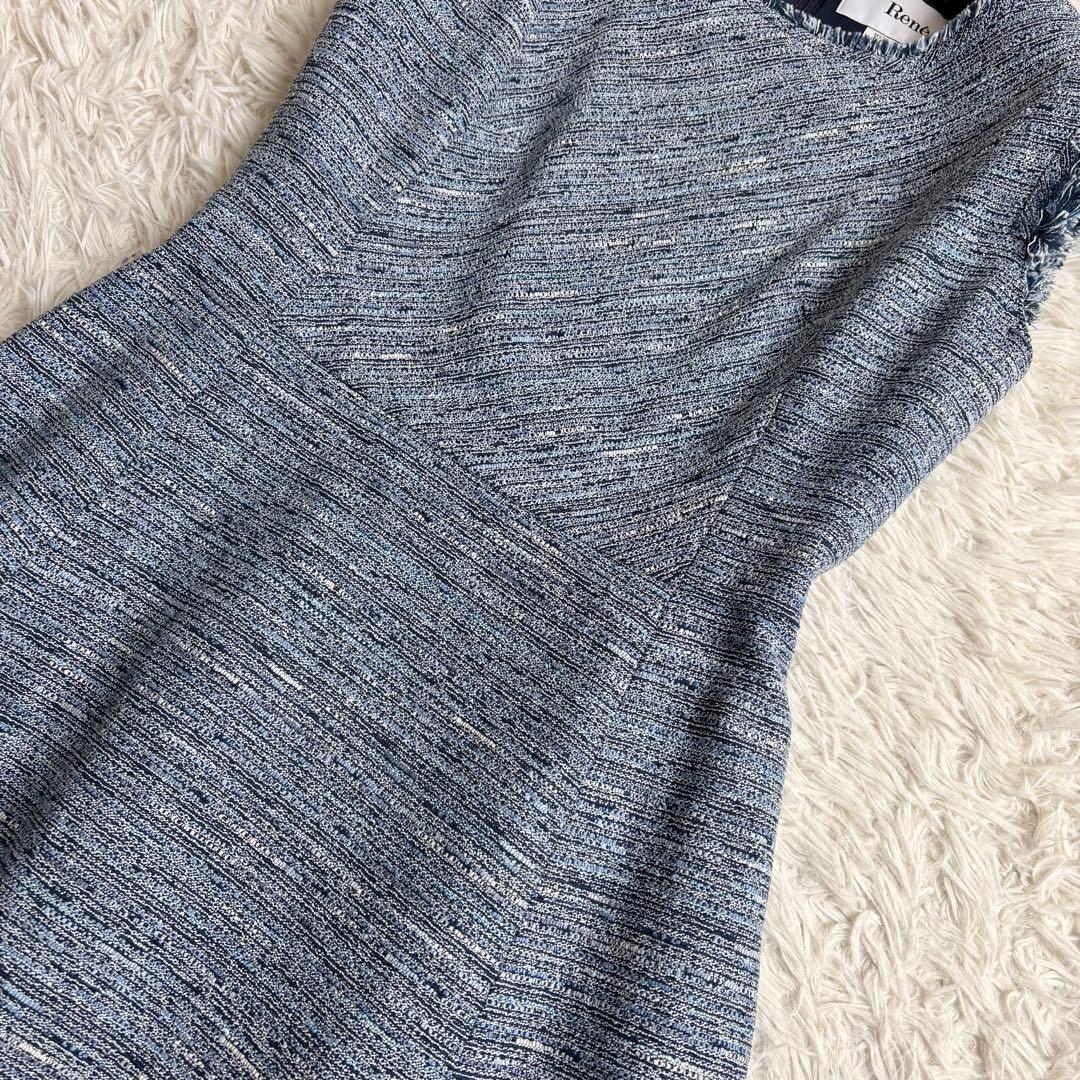 未使用級 22年♡ルネ ツイードワンピース TISSUE フリンジ 青系 36
