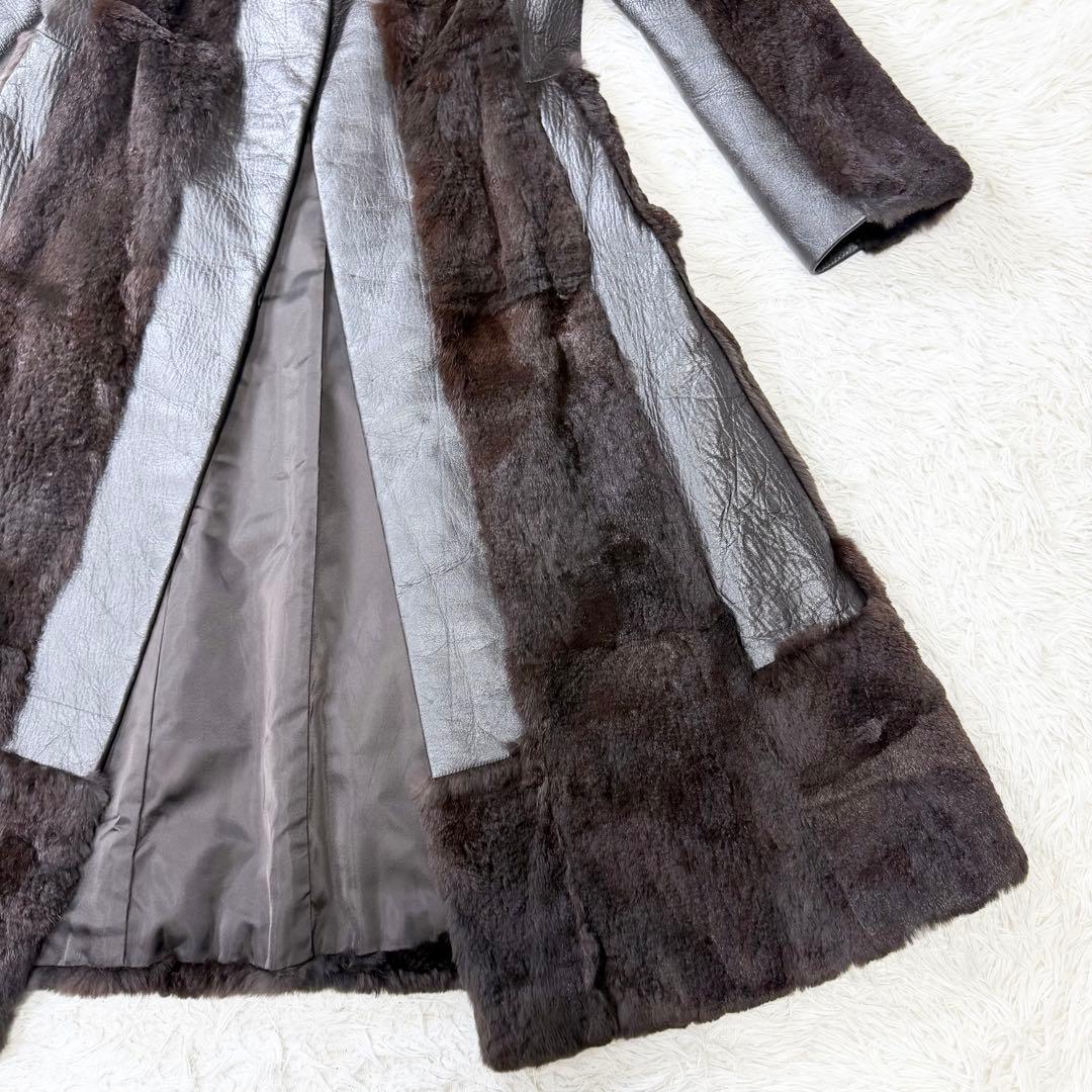 3点まとめ　リアルファー　ロングレザーコート　切り替え　ダークブラウン