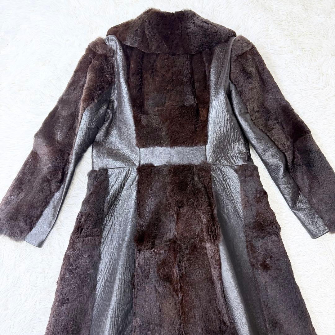 3点まとめ　リアルファー　ロングレザーコート　切り替え　ダークブラウン