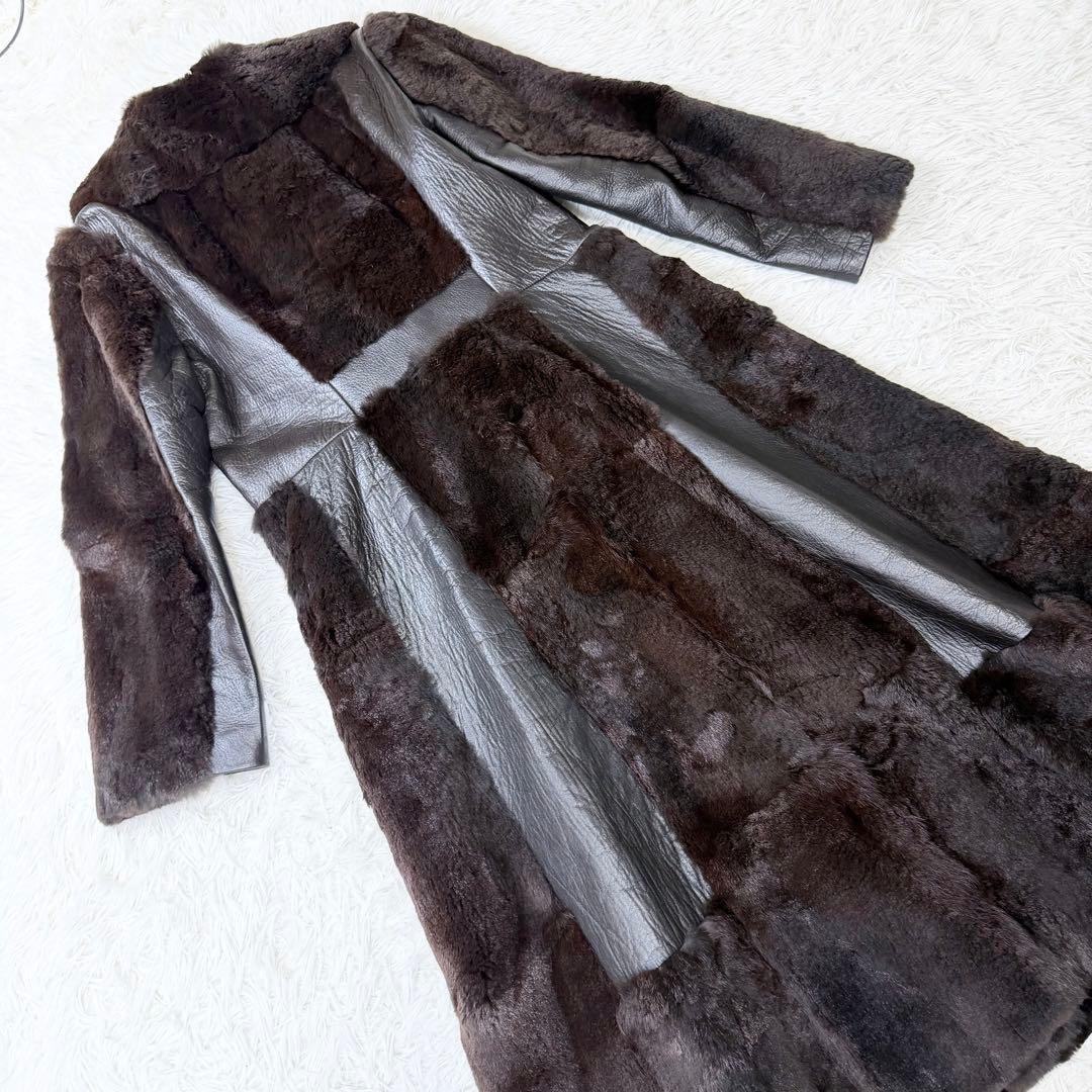 3点まとめ　リアルファー　ロングレザーコート　切り替え　ダークブラウン