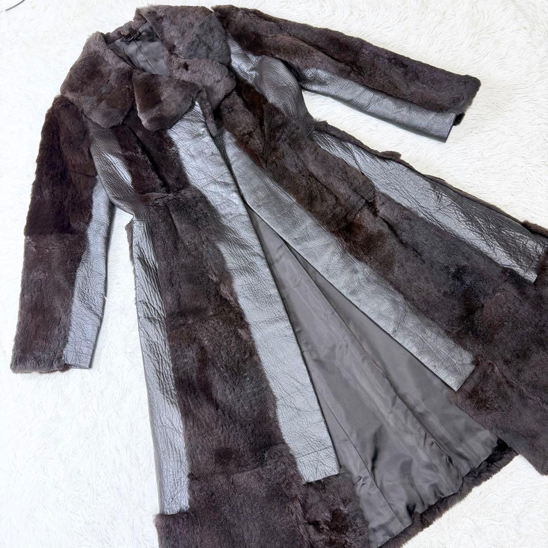 3点まとめ　リアルファー　ロングレザーコート　切り替え　ダークブラウン