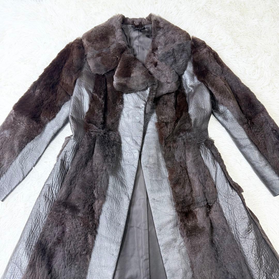 3点まとめ　リアルファー　ロングレザーコート　切り替え　ダークブラウン