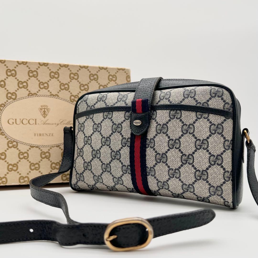 GUCCI シェリーライン GG ネイビー ショルダーバッグ レザー 箱付き
