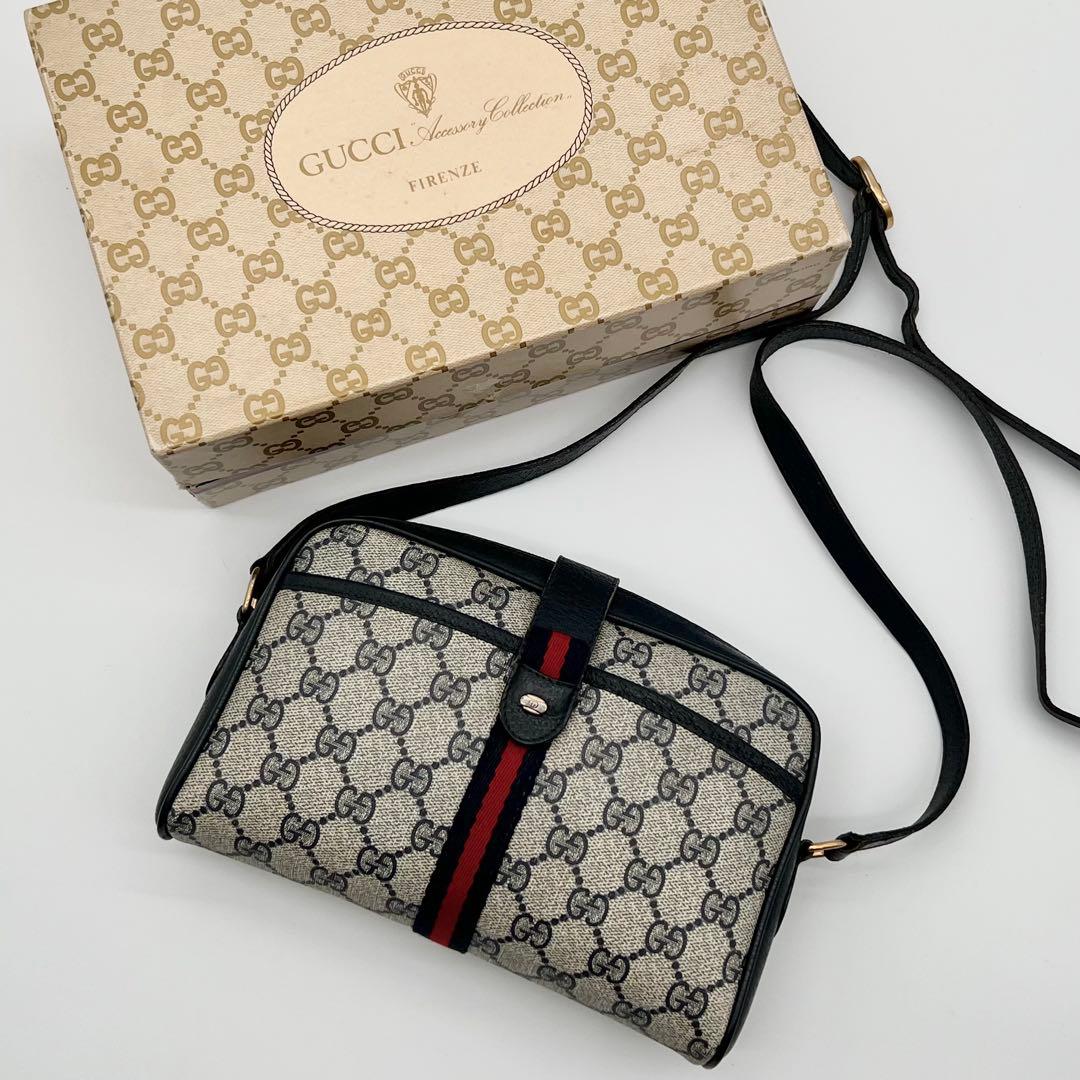 GUCCI シェリーライン GG ネイビー ショルダーバッグ レザー 箱付き