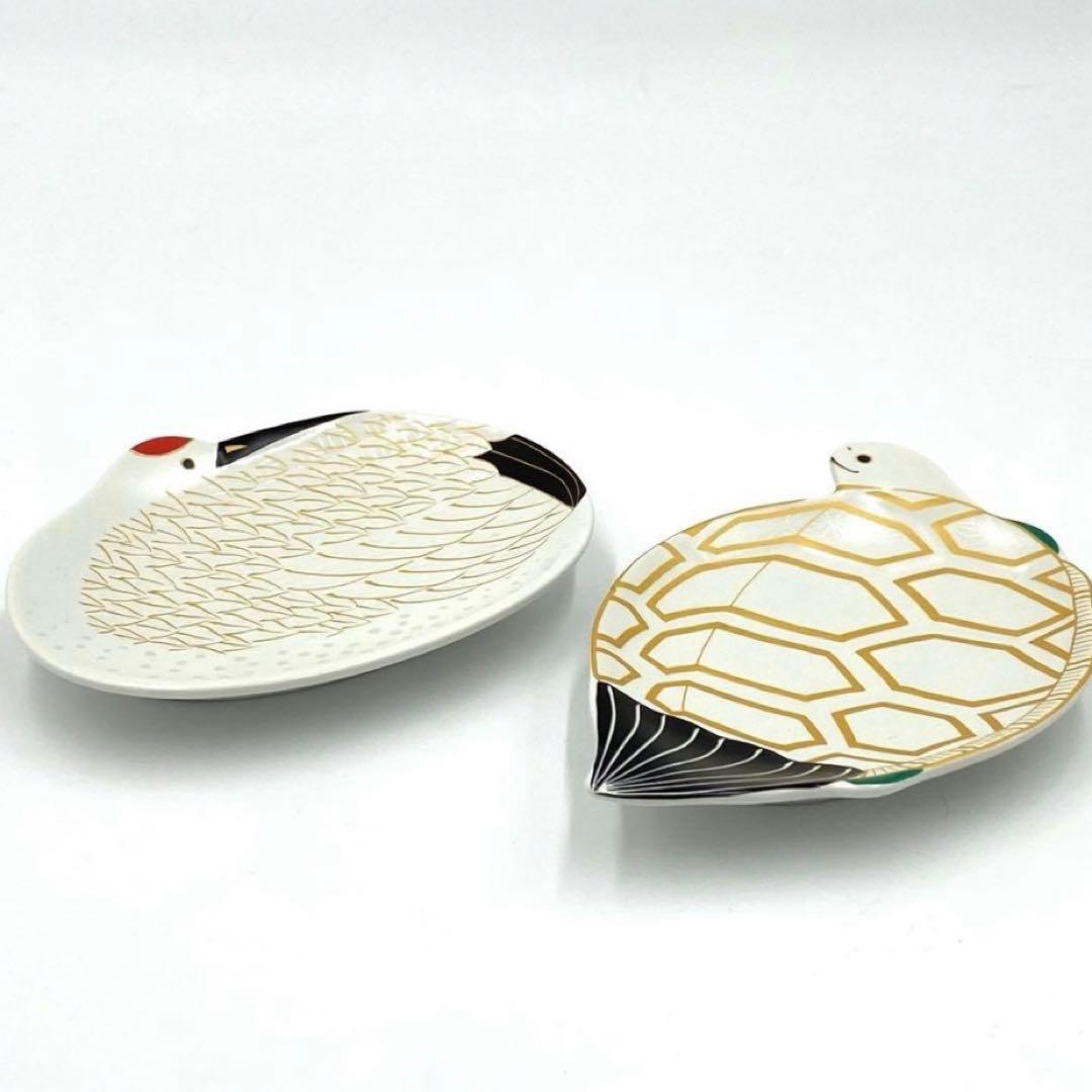 【新品】【大人気】有田焼　幸楽窯　鶴亀銘々皿セット　縁起物