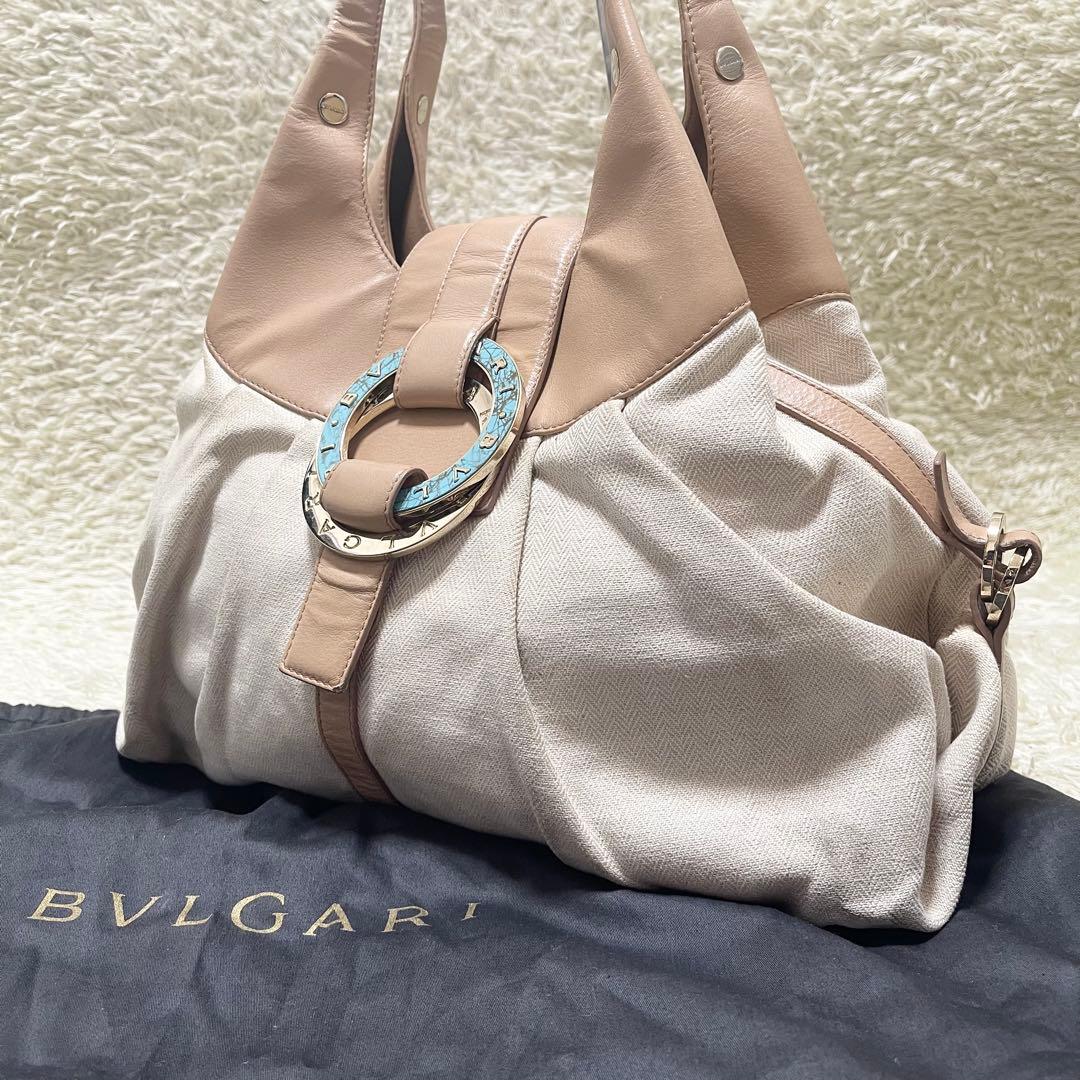 【希少】BVLGARI トートバッグ　レザー　ヘリンボーン　チャンドラ　ロゴ金具
