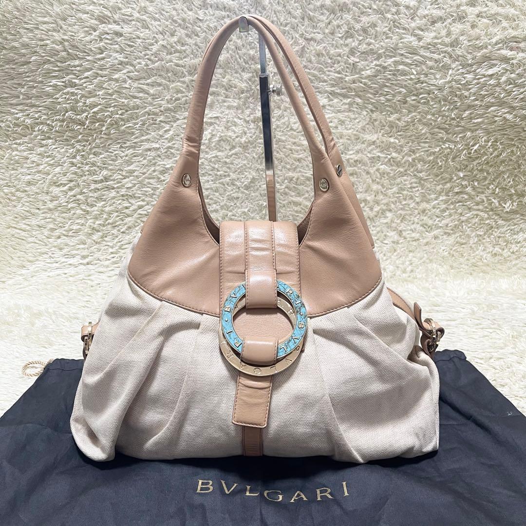 【希少】BVLGARI トートバッグ　レザー　ヘリンボーン　チャンドラ　ロゴ金具