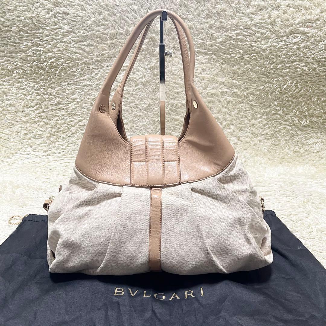 【希少】BVLGARI トートバッグ　レザー　ヘリンボーン　チャンドラ　ロゴ金具