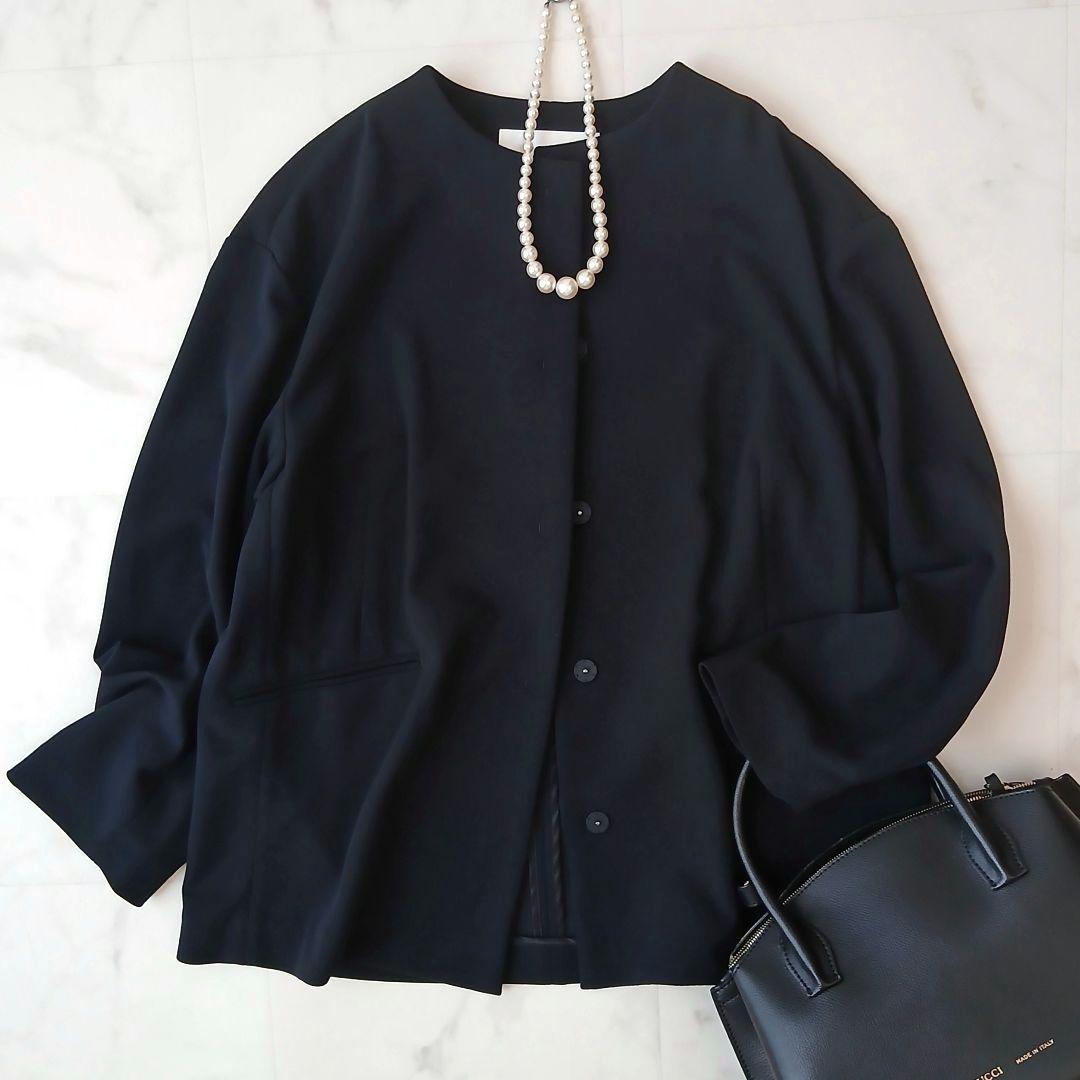 美品 ボールジィ 定価2万8千 ジョーゼットジャージー ノーカラージャケット 紺