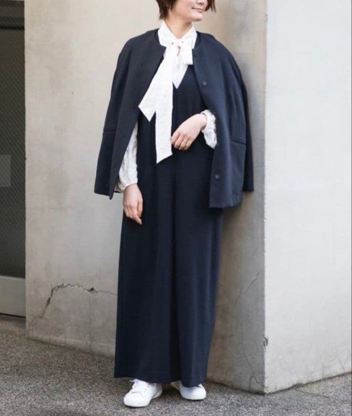 美品 ボールジィ 定価2万8千 ジョーゼットジャージー ノーカラージャケット 紺