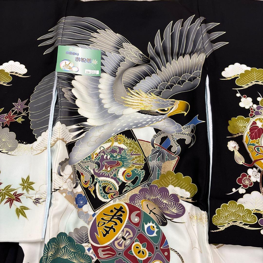 まゆみ新品正絹産着祝着京友禅豪華刺繍、金彩仕様、特選大鷹と祝色紙宝小槌文